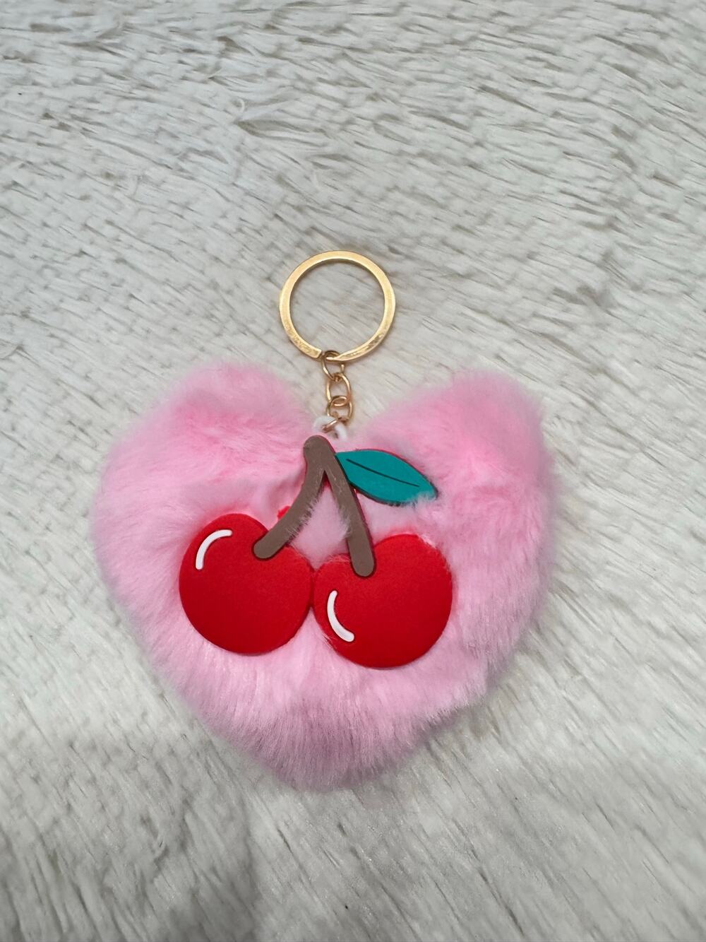 Pink Heart fuzzy Pompom cherry keychain bag charm